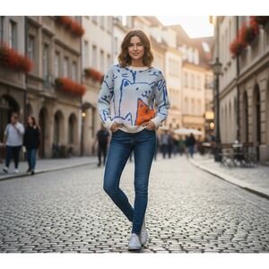 The Free Yoga Cat Sweater M Blue Cream‎ Orange Pop Art All Over Print Novelty